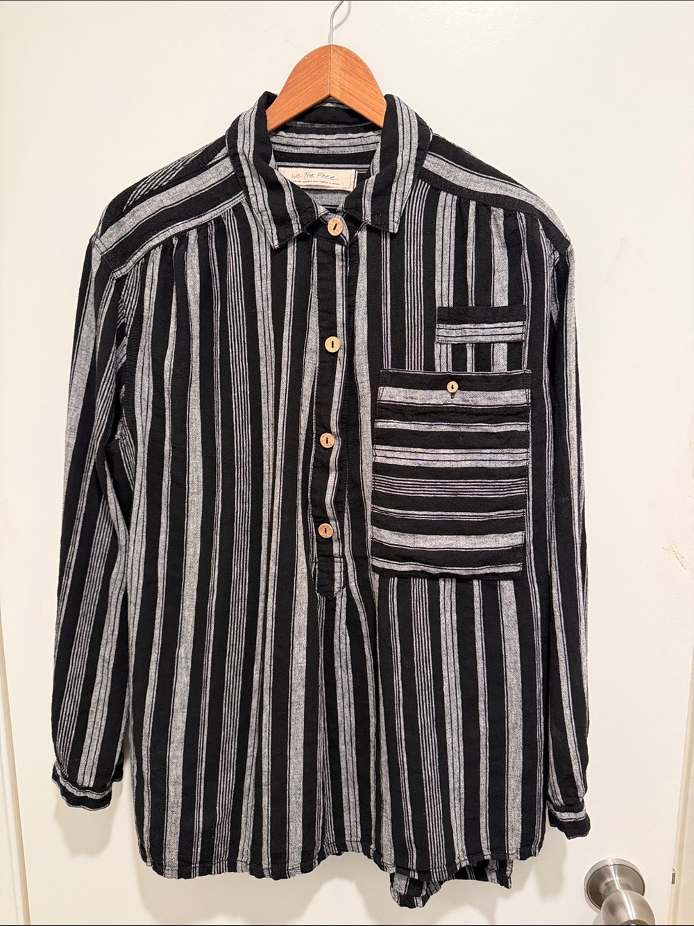 We The Free Black and Gray Striped Long-Sleeve Button-Up Shirt
